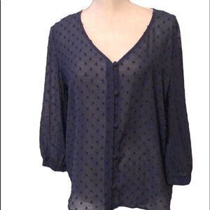 Gray LA semi sheer dotted Swiss blouse, navy. Sm